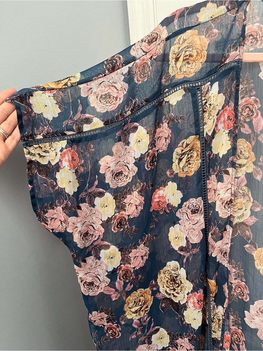 Floral Kimono Duster Blue Sheer Open Front Cover Band of Gypsies XS/S oversized - Picture 4 of 16